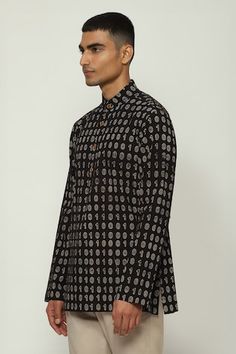 Black short kurta featuring hand block print all over in code motif with front pocket. - Aza Fashions Black Long Sleeve Kurta With Block Print, Traditional Black Block Print Kurta, Black Printed Cotton Kurta, Short Kurtas, Kurta For Men, Kurta Patterns, Kurta Men, Short Kurta, Hand Block Print