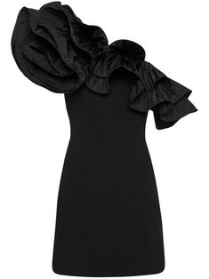 black ruffled detailing one-shoulder straight hem thigh-length Black Mini Dress Outfit Parties, Black Dress Fancy, Formal Mini Dresses, Zara Black Dress, Rebecca Vallance, Looks Party, Loungewear Luxury, Mini Dresses For Women, Knitwear Design