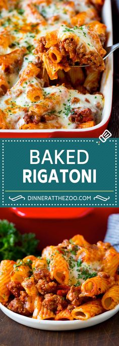 baked rigatoni with meat and cheese in a casserole dish