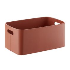 a brown leather storage bin with handles on an isolated white background for product display purposes