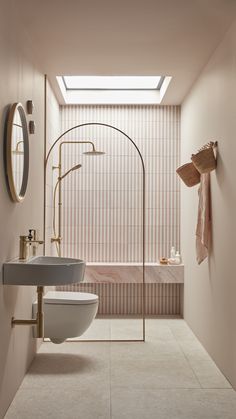 A shoppable pink themed wetroom with brass shower and taps. Italian Theme Bathroom, Enchanting Bathroom, Timeless Bathroom Design, Life Is Art, Striped Tile, Peach Salmon, Narrow Bathroom, Timeless Bathroom, Art Live