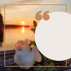 flowers are sitting on a wooden table near the water at sunset with an oval frame