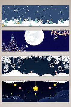 three horizontal banners with christmas trees and snowflakes in the night sky, decorated with hanging decorations