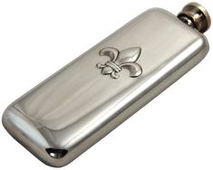 a fleur de lis hip flask is shown in polished stainless steel and features a fleur de lisbe emblem