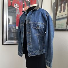 "Vintage 1980s Marlboro Country Denim Jacket  Button Closure  Leather Trim Neck Plaid Lining Side Packets Dark Wash Beautiful Worn Look  (Some wear at collar, see pics) Size M Measurements (Flat Across) Shoulders: 22\" Chest: 24\" Length: 26\" Inseam: 18\"" White Jean Shorts, Vintage Levis Jeans, Vintage Wrangler, Wrangler Jeans, Distressed Black Jeans, Jacket Buttons, White Jeans, Black Jeans, Mens Jackets