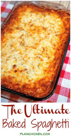 the ultimate baked spaghetti casserole in a pan on a red and white checkered tablecloth