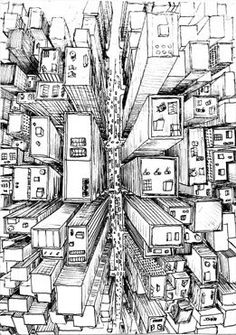 a drawing of a city with lots of boxes on the ground and buildings in the middle