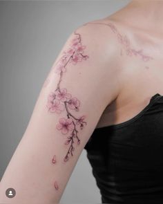 Not mine! Link to the instagram artist added Cherry Blossom Tattoo Shoulder, Sakura Tattoo, Wrap Tattoo, Flower Wrist Tattoos, Theme Tattoo, Small Pretty Tattoos, Blossom Tattoo, Stylist Tattoos, Shoulder Tattoos For Women