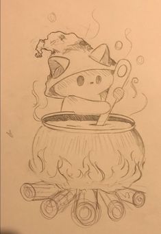 a drawing of a pot on fire with a person in the background wearing a hat