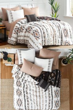 two pictures of the same bedding with different colors and patterns on it, one is brown