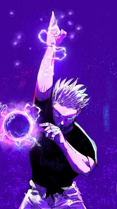 an anime character holding a circular object in his right hand and glowing purple lights behind him