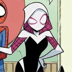 an animated spider - man is standing next to a woman in a black and white dress