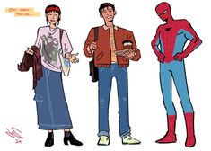 three people standing next to each other with spider - man on their shirts and pants