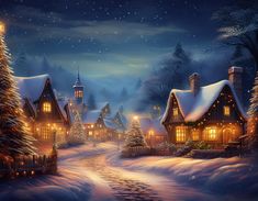 a painting of a snowy village at night with christmas lights on the houses and trees