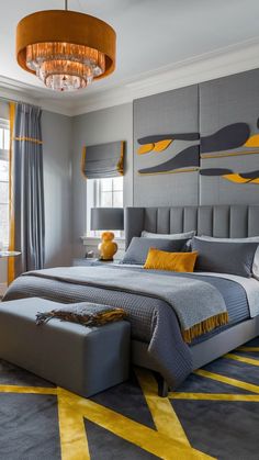 a bedroom with gray and yellow decor in the corner, along with a chandelier