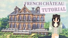 a woman standing in front of a building with a sign over her head that says french chateau