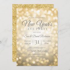 new year's eve party card with gold glitter