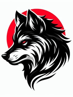 the head of a wolf with red eyes and black hair is shown on a white background