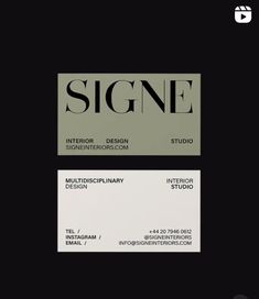 a black and white business card with the word signe on it's side