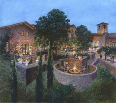 this is an artist's rendering of a restaurant at night