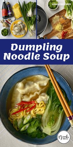 dumpling noodle soup in a blue bowl with chopsticks on the side