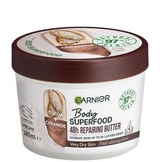 Providing up to 48 hours of hydration, the Garnier Body Superfood Repairing Body Butter with Cocoa and Ceramide is a rich and creamy formula developed to quench dry skin and provide ultra-nourishing benefits.  The luscious body butter features 97% natural origin ingredients, including moisturising cocoa and ceramides encouraging lasting soft and supple results. Fast-absorbing, the cream seeks to leave skin feeling silky without any greasy residue, so you can apply, get ready and go.  Vegan and c Garnier Body Lotion, Layers Of The Epidermis, Skin Supplements, Beauty Wishlist, Cocoa Seeds, Skin Care Moisturizer, Hydrate Skin, Body Butter, Cocoa Butter