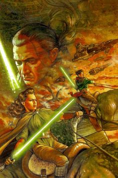 an image of a star wars scene with two people on horseback and one man holding a light saber