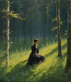 a painting of a woman sitting in the woods