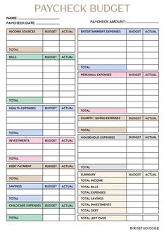 a printable pay sheet with the words paycheck budget written in bold letters