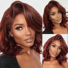 Auburn brown body wave bob wig on mannequin with pre-plucked hairline and baby hairs, shown from multiple angles. Includes middle part and detailed lace frontal. Brown Bob Hair, Human Hair Bob Wigs, Hair Care Oil, Hair Bob, Colored Wigs, Body Wave Hair, Lace Hair