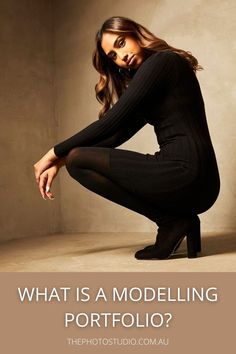 a woman sitting on the ground with her legs crossed in front of her face and text that reads, what is a modeling portfolio