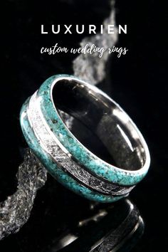 Visit our website and find the perfect wedding band! This is a beautiful Gibeon meteorite ring made with turquoise and wears comfortably. Customize the width of this wedding band to get the look you've always wanted. Click now and find your ring! #wedding #mensfashion #weddingjewelry Men’s Turquoise Wedding Band, Meteorite Wedding Rings, Turquoise Wedding Band, Cool Rings For Men, Turquoise Men, Groom Ring, Meteorite Ring, Custom Wedding Rings, Turquoise Rings