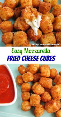 fried cheese cubes with ketchup and mayonnaise on the side for dipping