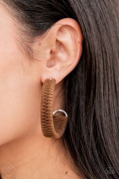 Brown suede cording crisscrosses around a layered silver frame November Fashion, Paparazzi Fashion, Wire Cuff, Brown Earrings, Hoop Earrings Style, Hollywood Icons, Suede Cord, Paparazzi Accessories, Outside The Box