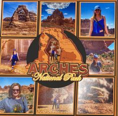 an advertisement for arches national park with pictures of people in the desert and mountains behind it