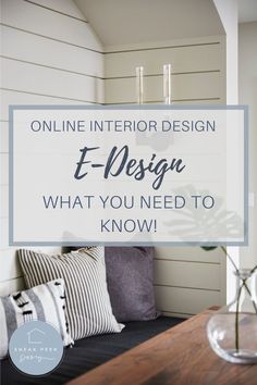 a couch with pillows on it and the words online interior design e - design what you need to know