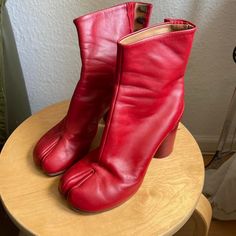 Margiela Tabi classic cherry red boot  Size 37   Size 37  Very good second hand condition see video Red Heeled Boots With Reinforced Heel For Winter, Red High Ankle Boots With Reinforced Heel, Winter Red Heeled Boots With Reinforced Heel, Winter Boots With Reinforced Heel In Red, Red Leather Mid-calf Boots With Round Toe, Red Leather High Heel Mid-calf Boots, Red Ankle Boots With Reinforced Heel, Red Boots With Reinforced Heel And Almond Toe, Red Almond Toe Heeled Boots For Fall