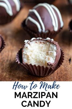 how to make marzipan candy with white chocolate and coconut in the middle on a wooden table