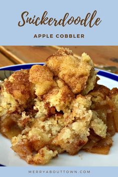 a close up of a plate of food on a table with the words suckerdoodle apple cobbler