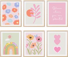 four framed art prints with flowers, hearts and a rainbow in pink, blue, green, yellow, orange