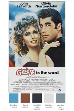 the movie grease is the word with color swatches on each side and an image of two