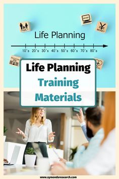 a woman standing in front of a sign that says life planning training materials