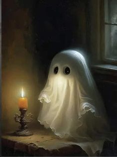 a painting of a ghost next to a lit candle