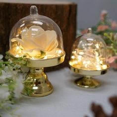 two glass cloches with lights on them are sitting on a table next to flowers