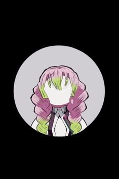 an anime character with pink hair and green eyes in a white circle on a black background