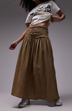 Add some boho charm to your look with this lightweight, cotton-rich maxi skirt featuring ruching at the waist that leads to a flowy silhouette. 36 1/2" center front length (size 8) Hidden side-zip closure Unlined 48% viscose, 31% cotton, 21% nylon Machine wash, line dry Imported Brown Skirt Outfit, Olive Style, Formal Dresses Graduation, Cocktail Dress Formal, Winter Party Dress, Brown Skirts, Long Sleeve Floral Dress, Satin Slip Dress, Active Wear Leggings