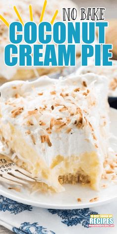 no bake coconut cream pie on a plate with the title overlay reads no bake coconut cream pie