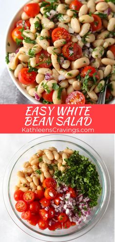 white bean salad with tomatoes, onions and parsley in a bowl on the side