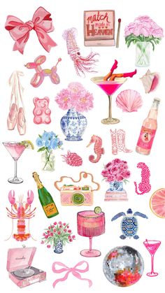 a bunch of different types of items on a white background with pink and blue colors