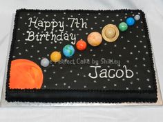 a birthday cake with an image of the solar system on it